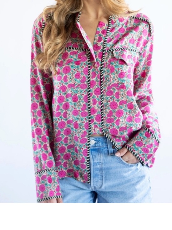 NATURAL LIFE Tops - NATURAL LIFE Calypso Pink Floral Button-Down with Black & white striped Trim